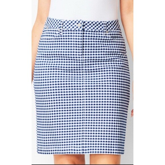 NWT Talbots Blue & White Gingham Flat Front Stretch Denim Skirt Sz- 14 Preppy - Picture 1 of 7